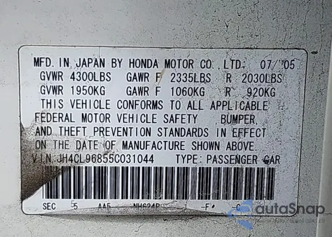 2005 Acura Tsx from USA, damaged, VIN JH4CL96855C031044